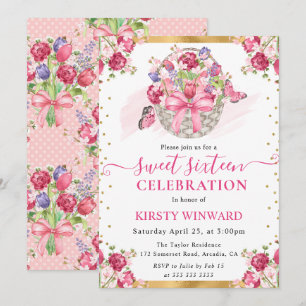 Pink Floral Basket and Butterflies Sweet Sixteen Invitation