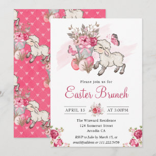 Pink Floral Basket and Cute Lamb Easter Brunch Invitation