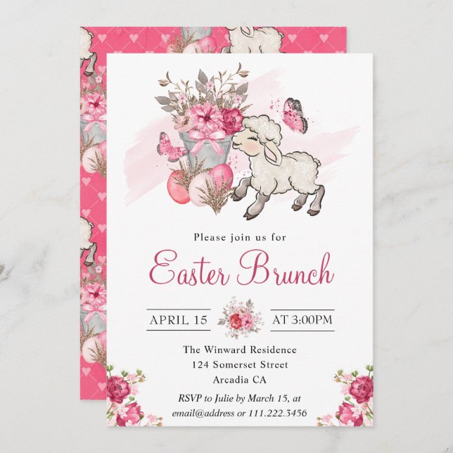 Pink Floral Basket and Cute Lamb Easter Brunch Invitation (Front/Back)