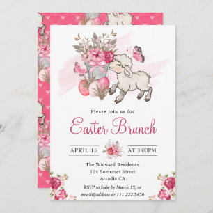 Pink Floral Basket and Cute Lamb Easter Brunch Invitation