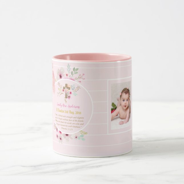 Pink Floral BAUTIZO Baptism Bible Verse Photo Girl Mug (Center)