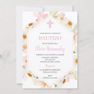Pink Floral Bautizo Spanish Invitation