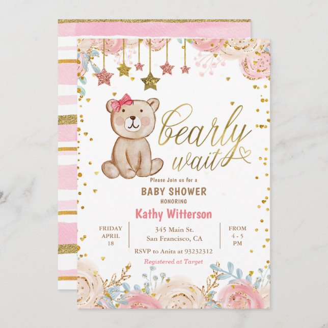 Pink Floral Bear Baby Shower Invitation (Front/Back)