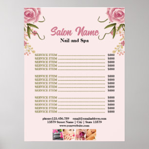 Pink Floral Beauty Nail Salon Price List menu Poster