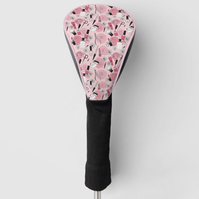 Pink Floral Beauty Products Pattern Golf Head Cover (Front)