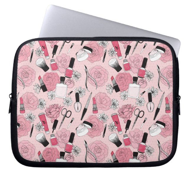 Pink Floral Beauty Products Pattern Laptop Sleeve (Front)