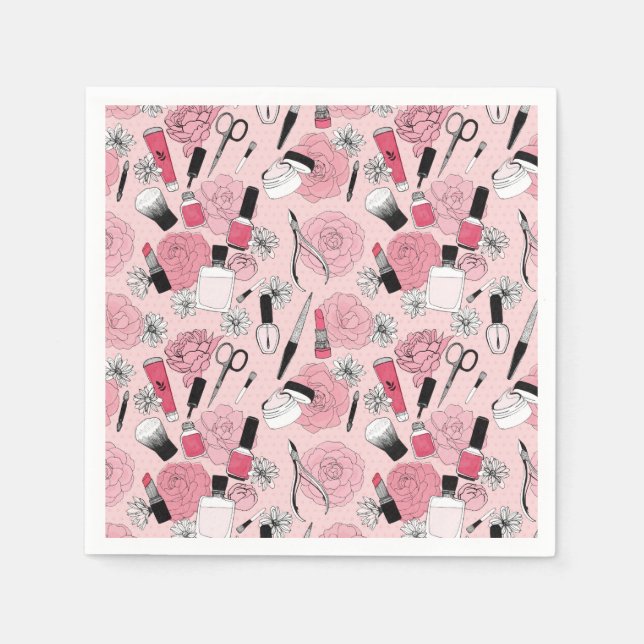Pink Floral Beauty Products Pattern Napkin (Front)