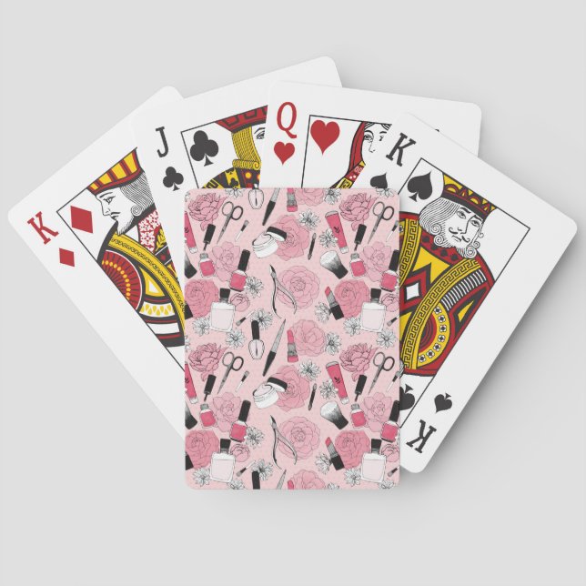Pink Floral Beauty Products Pattern Playing Cards (Back)