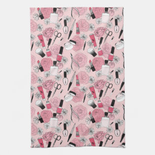 Pink Floral Beauty Products Pattern Tea Towel