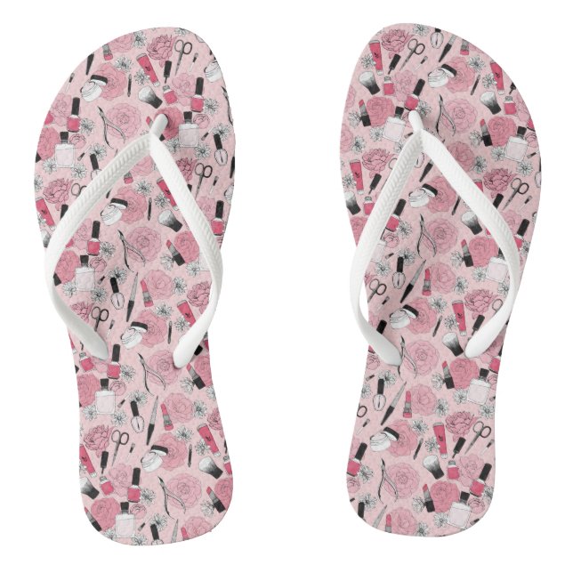 Pink Floral Beauty Products Pattern Thongs (Footbed)