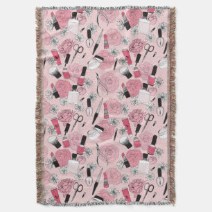 Pink Floral Beauty Products Pattern Throw Blanket