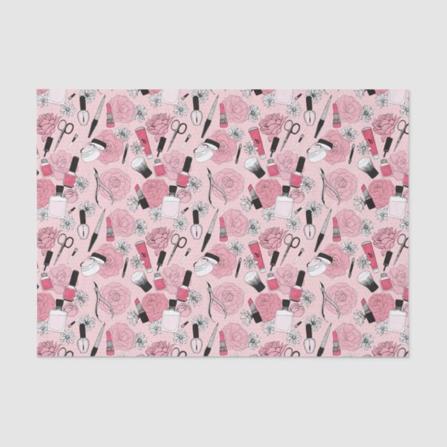 Pink Floral Beauty Products Pattern Tissue Paper (Front)