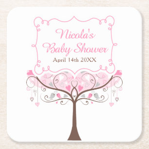 Pink Floral Bird Baby Shower Square Paper Coaster