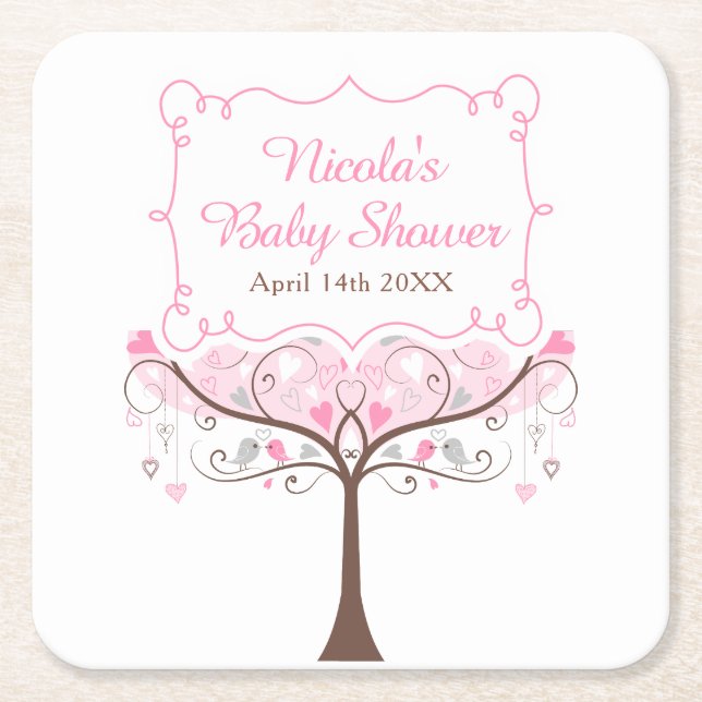 Pink Floral Bird Baby Shower  Square Paper Coaster (Front)