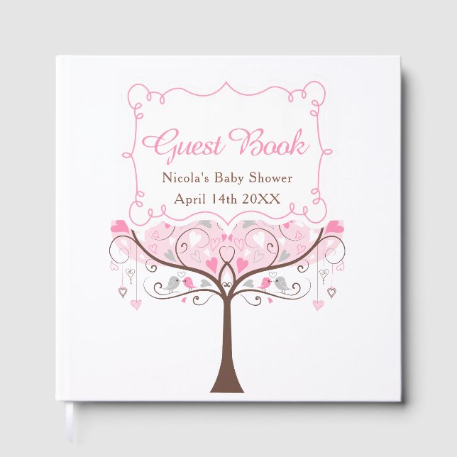 Pink Floral Bird Baby Shower Thank You Guest Book (Front)