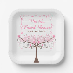 Pink Floral Bird Bridal Shower Paper Plate