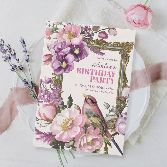 Pink floral bird watercolor birthday invitation (Creator Uploaded)