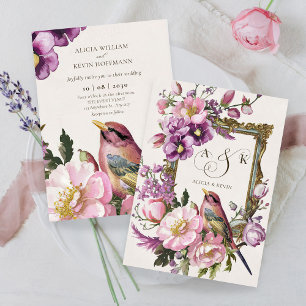 Pink floral bird watercolor Wedding Invitation