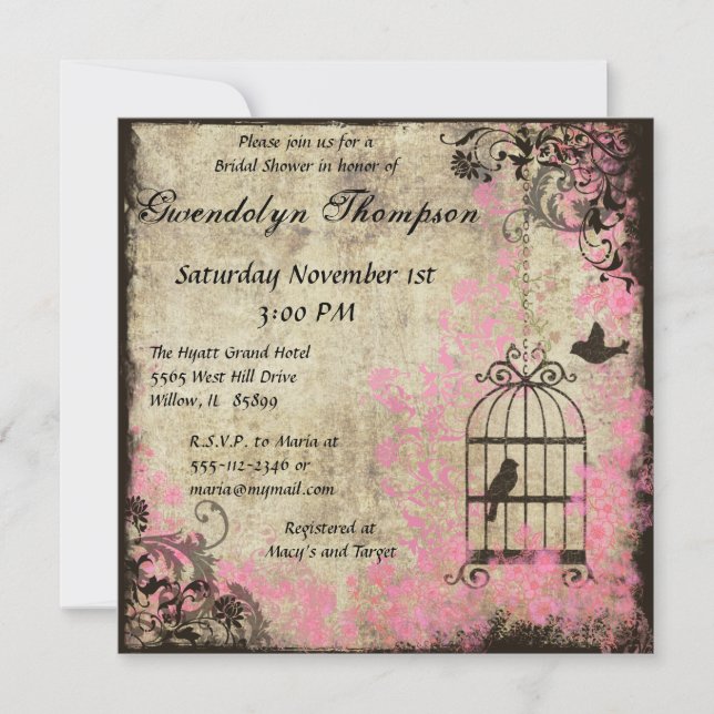 Pink Floral Birdcage Bridal Shower Invitation (Front)