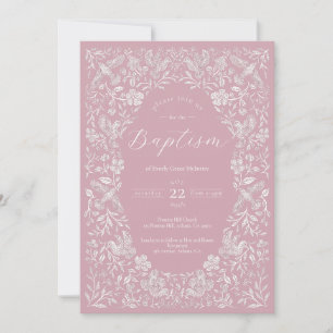 Pink Floral Birdie Baby Baptism Invitation