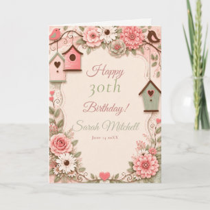 Pink Floral Birds Birthday Party Card