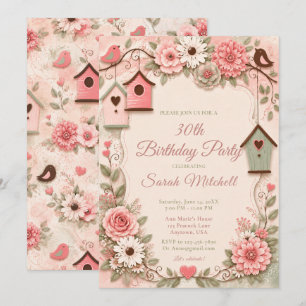 Pink Floral Birds Birthday Party Invitation
