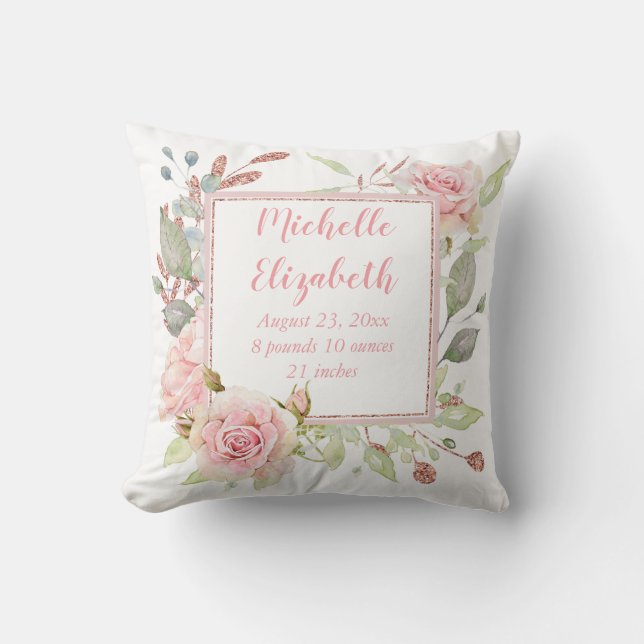 Pink Floral Birth Stats Cushion (Front)