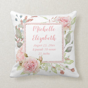 Pink Floral Birth Stats Cushion