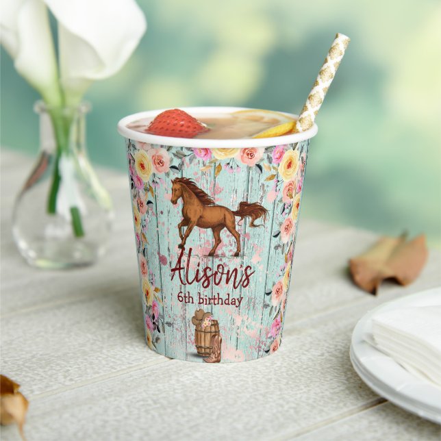 Pink Floral Birthday Horse Birthday Party Paper Cups (Insitu)