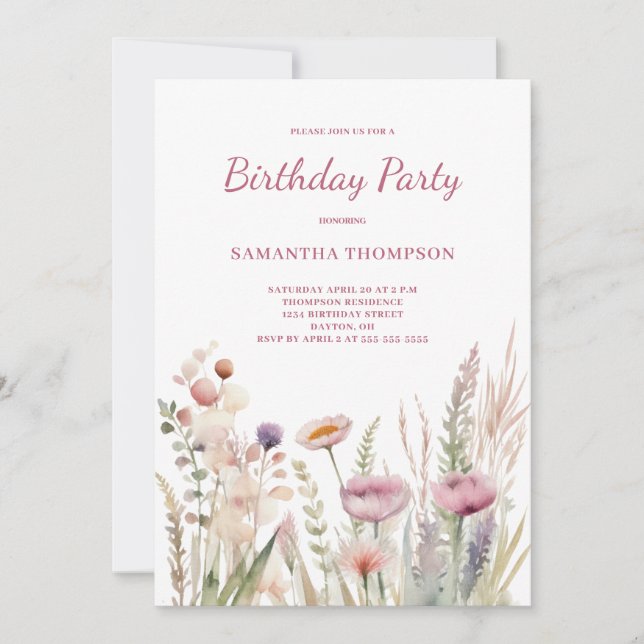 Pink Floral Birthday  Invitation (Front)