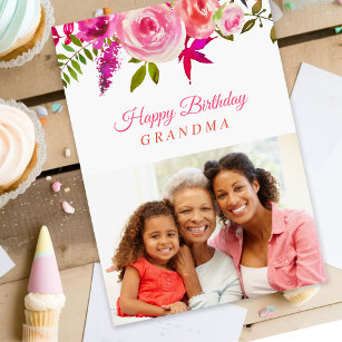 Pink Floral Birthday Photo Card for Grandma