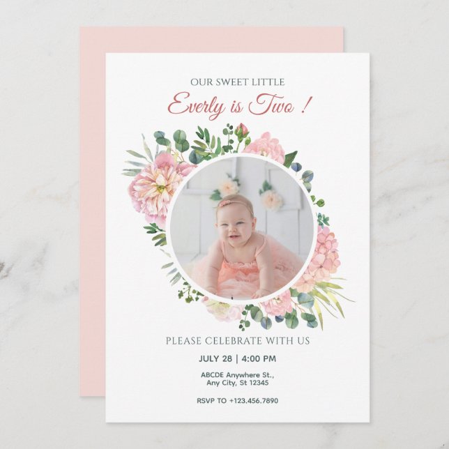 Pink floral birthday photo  invitation (Front/Back)
