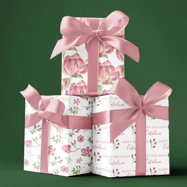 Pink Floral Birthday Wrapping Paper Sheets (Celebrate someone special with these personalized wrapping paper sheets! )