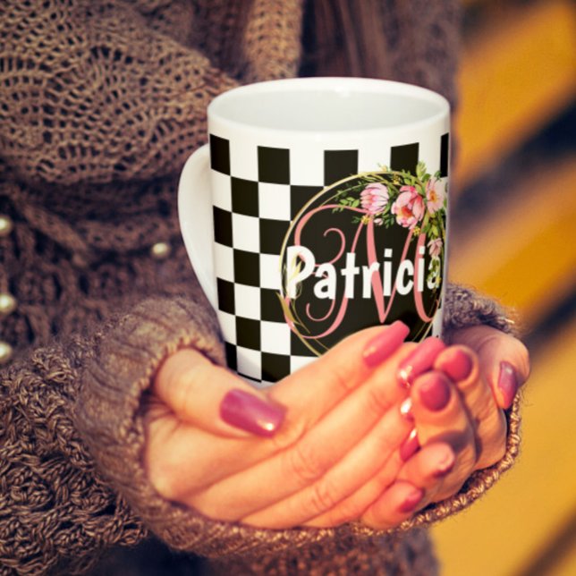 pink Floral black and white chequerboard monogram Coffee Mug (Creator Uploaded)