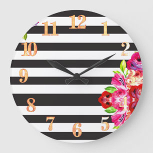 Pink Floral Black and White Striped Wall Clock