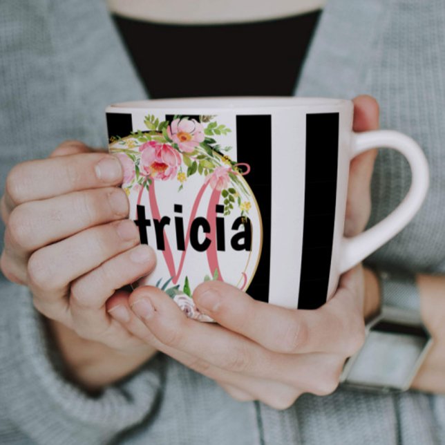 pink Floral black and white Stripes monogram Coffee Mug (Creator Uploaded)