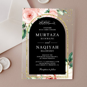 Pink Floral Black Arch Muslim Wedding Acrylic Invitations