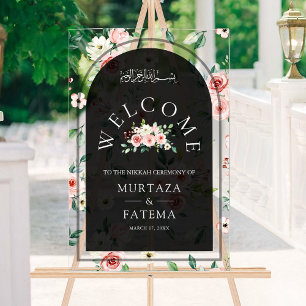 Pink Floral Black Arch Muslim Wedding Welcome Acrylic Sign