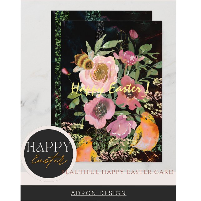 Pink Floral Black Easter with Birds Holiday Card (Happy Easter Pink floral black with yellow birds and bumblebee Card)