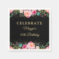 Pink Floral Black Gold Birthday Party Paper