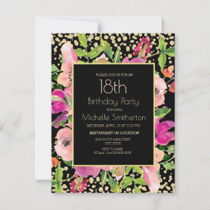 Pink Floral Black Gold Glitter 18th Birthday Card