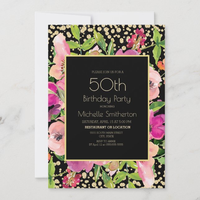 Pink Floral Black Gold Glitter 50th Birthday Card (Front)