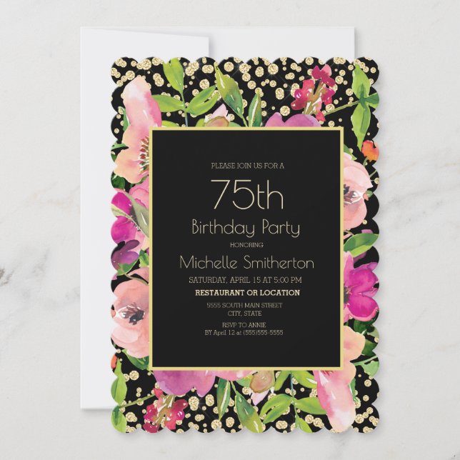 Pink Floral Black Gold Glitter 75th Birthday Card (Front)