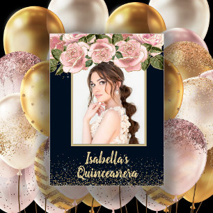 Pink Floral Black Gold Photo Quinceañera Birthday Poster