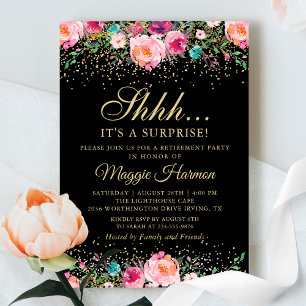 Pink Floral Black Gold Surprise Retirement Party Invitation