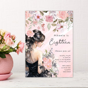 Pink Floral Black Gown 18th Birthday Invitation