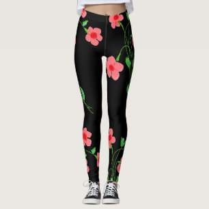 Pink Floral Black Leggings
