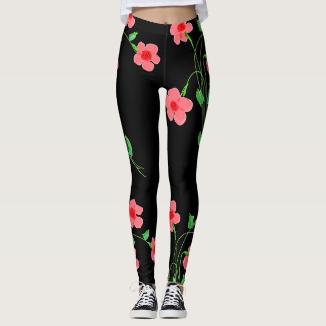 Pink Floral Black Leggings (Front)