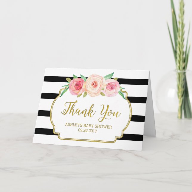 Pink Floral Black Stripes Baby Shower Thank You (Front)