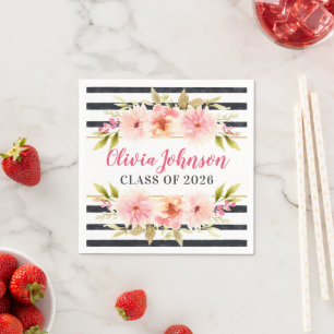 Pink Floral Black Stripes Grad Class of 2026 Napkin